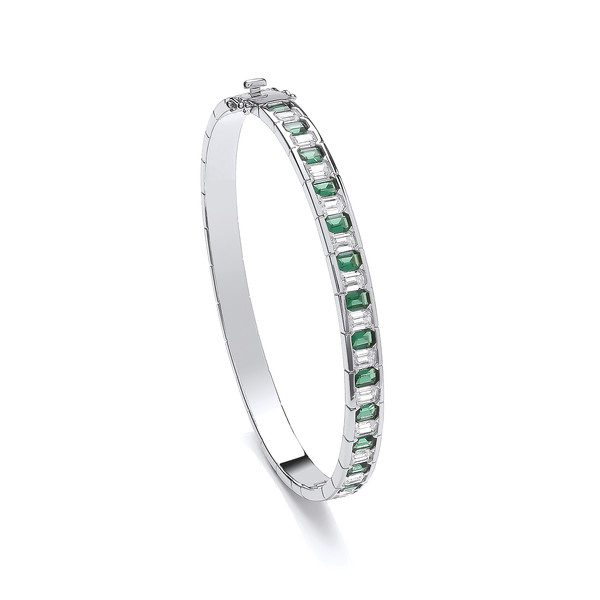 Deco Style Silver & Emerald Cubic Zirconia Bangle